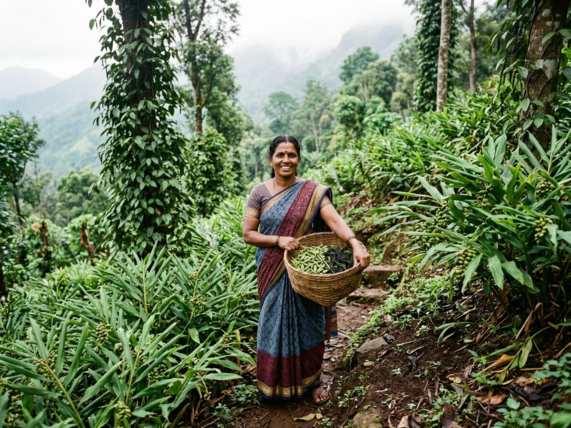 Spice and produce harvest in an agro-forestry farm in Kerala
